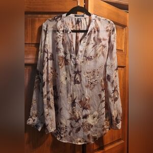 Ralph Lauren Tan Floral Sheer Chiffon Georgette Split Tie Neck Tunic Size XL